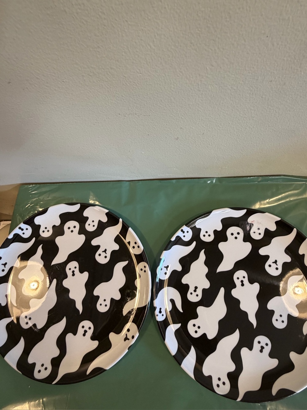 Two Halloween Theme Black and White Ghost Theme Plates